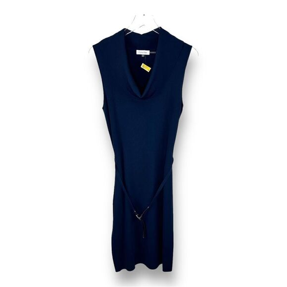 Calvin Klein‎ Cowl Neck Sleeveless Fine Knit Navy Blue Sheath Dress w/Belt Sz M - Picture 1 of 13